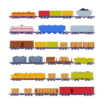 Train or Locomotive with Wagon Pulling Freight and Cargo Vector Set Stock Illustration