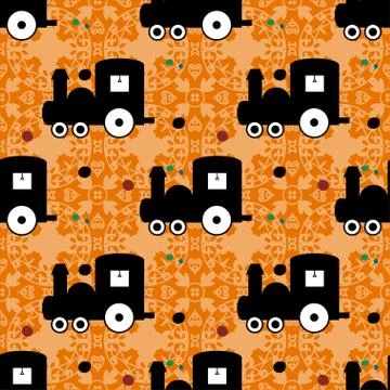 Train on an orange background of beautiful seamless vector pattern Stock Illustration