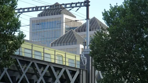Train over the bridge. Dublin city centre. Stock Footage 76372796