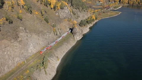 Train Over Lake, Remote Coastal Route With Train And Panoramic Lake Views Stock Footage 326023151