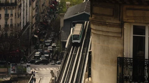 Train in Paris, Above Ground, Wide Angle Establishing Shot, Slow Motion Stock Footage 241801630