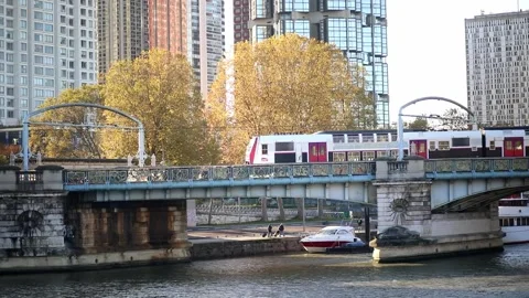 Train of Parisian subway passing through Pont Rouelle in Paris, France Stock Footage 317078835