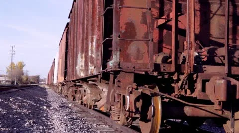Train parked on tracks, closeup low angle Stock Footage 12372811