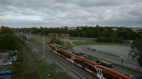 Train pass city skyline trees orange aerial Stock Footage 48472630