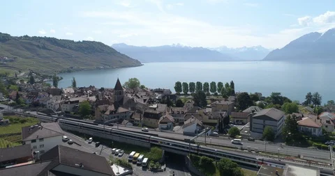 Train pass in Cully - Aerial 4K Stock Footage 89645750