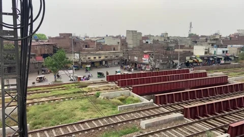Train of passenger is moving in Lahore on April 14, 2024 Stock Footage 273082559