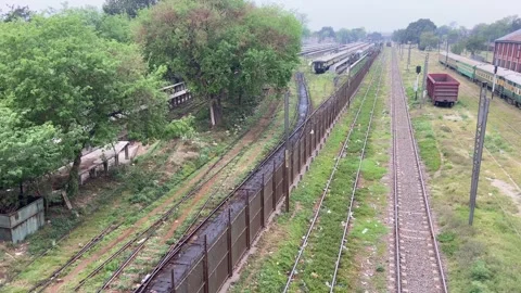 Train of passenger is moving in Lahore on April 14, 2024 Stock-Footage 273104403