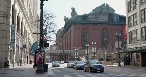 Train passes by Harold Washington Library Center Stock Footage 239101493