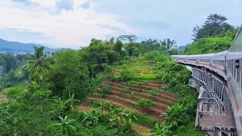 Train passes over a bridge in a hills area. Nature view in Indonesian railroad Stock Footage 297772573