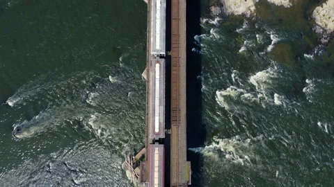 Train passes over Bridge. Top down shot. Overhead shot Stock Footage 161287405
