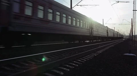 Train Passes By Railway At Sunset Stock Footage 67808443