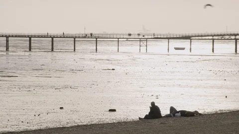 A train passes on a seaside pier at dusk or sunset. The tide is out and people Stock Footage 129694262