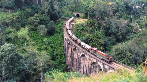 The train passes through the jungle along ancient stone ninearches bridge Stock Footage 74331814
