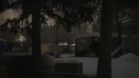 Train passing behind trees in snow covered yard Stock Footage 225499547