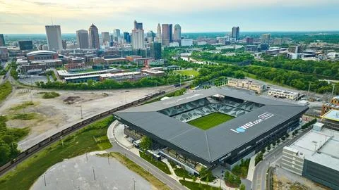 Train passing beside lower.com field soccer stadium Columbus Ohio aerial 스톡 사진