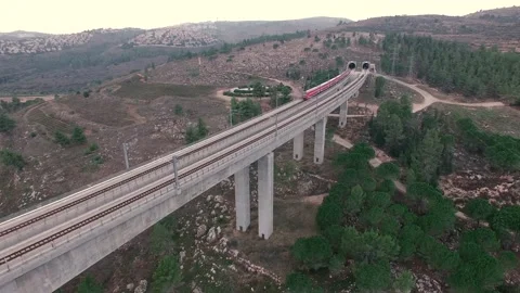 Train passing on bridge and entering the tunnel in Jerusalem  Stock Footage 143143364