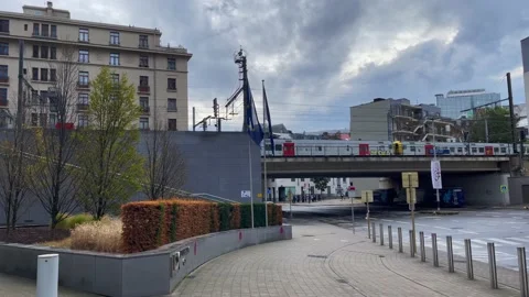 Train passing on a bridge in Brussels, Belgium Stock Footage 225734914