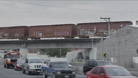 Train passing on a bridge in the middle of the city Stock Footage 99019616
