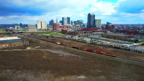 Train Passing By || Columbus, Ohio Drone Footage USA 4K Stock Footage 267187013