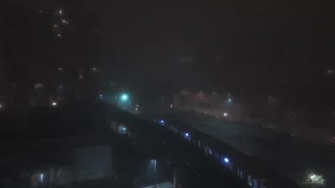 Train passing on Elevated Track at fogy Night. Elements of Subway in downtown Stock Footage 269738924