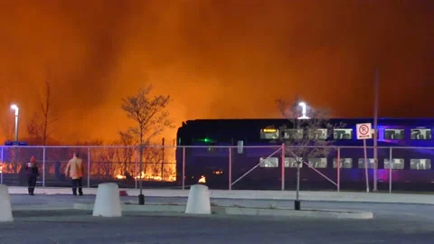 Train passing in the fire Stock Footage 139658733