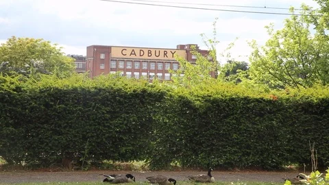 Train passing in front of Cadbury chocolate factory, Bournville, BIrmingham, Stock Footage 95627589