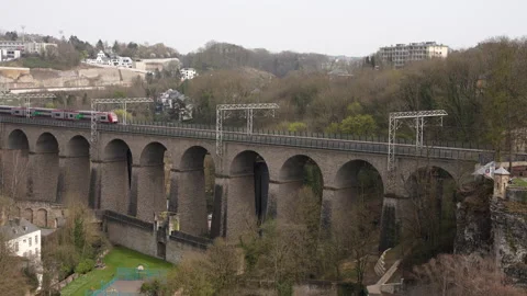 Train passing on a high railway bridge Stockbeeldmateriaal 220875232