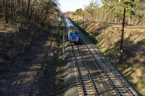 Train passing at high speed top view out of focus. Stock Photos