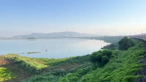 The train is passing by a large lake. Stock Footage 323355636