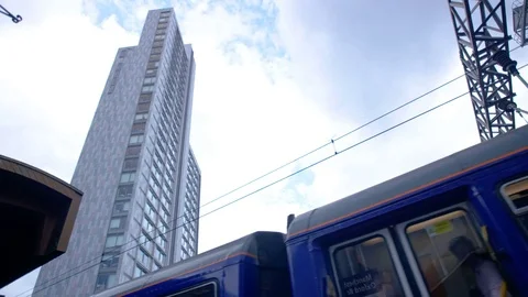 Train passing by in Manchester, England, close Stock Footage 78426953