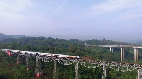 Train passing over the bridge Stock Footage 74909637