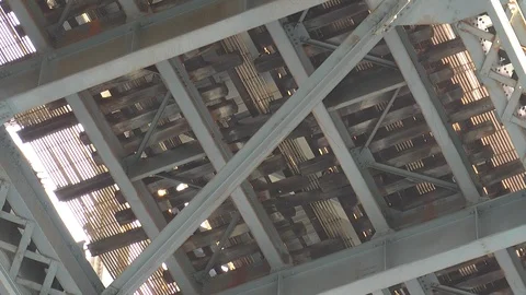 Train Passing over Manhattan Bridge From Underneath Stock Footage 124268164
