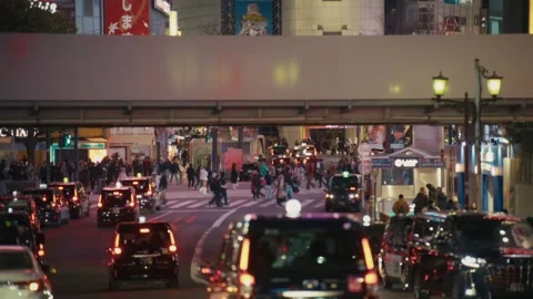 Train Passing Over Shibuya Crossing at Dusk, Tokyo Stock Footage 340865710