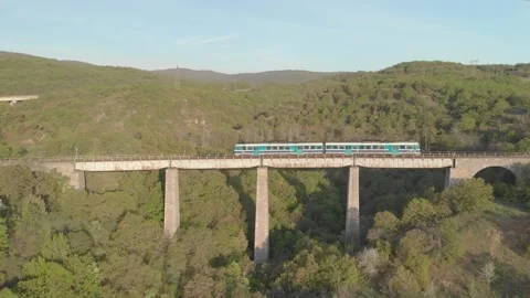 Train passing through bridge on a green mountain, slow motion 库存影片 196615023