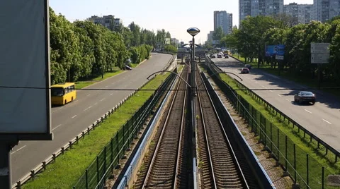 Train passing through countryside, moving railroad tracks Video stock 63349903