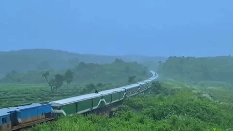 Train Passing Through Misty Green Hills in Rain 스톡 동영상 336477582