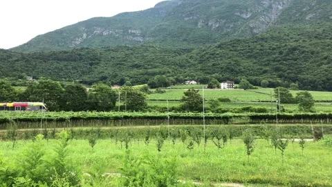 Train passing through mountains landscape. Stock Footage 133256506