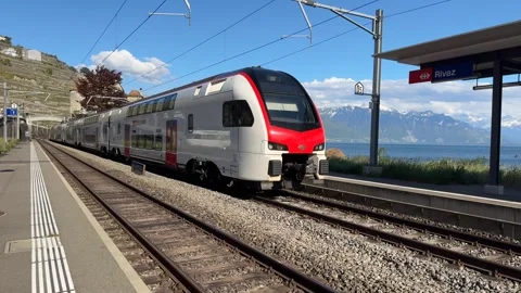 Train passing through Rivaz station Switzerland with construction site Video stock 333290936