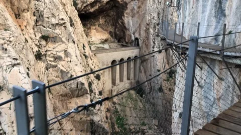 Train Passing Through Rocky Tunnel, Caminito del Rey, El Chorro, Spain Stock-Footage 252604196