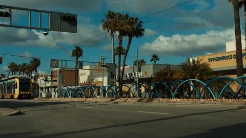 Train is passing by. Tram. Abandoned empty city during coronavirus quarantine Stock Footage 127121432