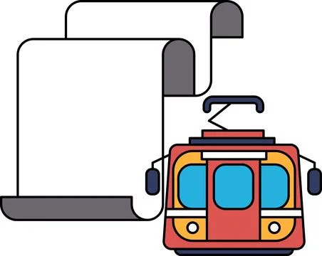 A train is on a piece of paper with a scroll Stock Illustration