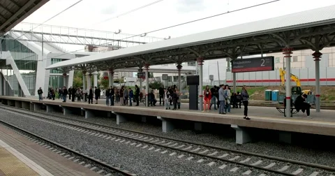 Train platform, route and passengers fill station Stock Footage 67469713