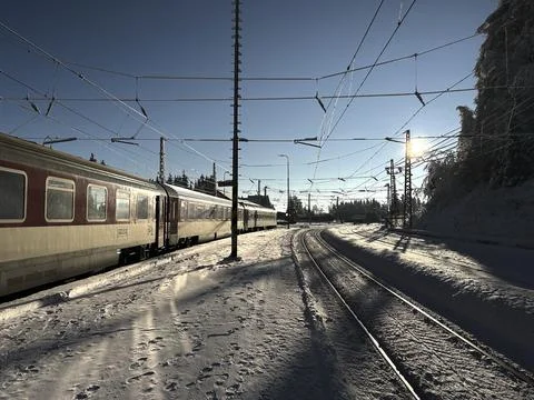 Train on the platform of a ski resort Stock Photos