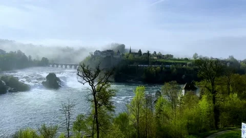 Train Point of View over Rhine Falls with the Castle Laufen at Neuhausen 動画素材 240090462