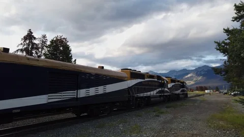 Train pulling into Jasper, Alberta Train Station Video stock 119945588