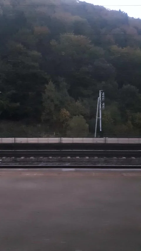Train pulling into a quiet mountain station platform surrounded by forest 스톡 동영상 334915973