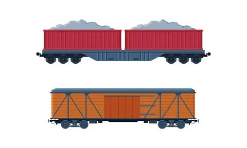 Train as Rail Freight and Cargo Transport Service Vector Set Stock Illustration