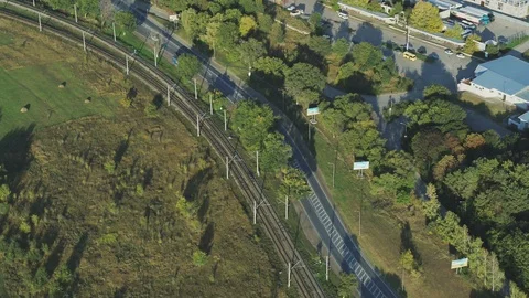 The train by rail, the road, view from above Stock Footage 120081165
