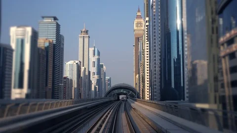 Train Railroad Track Moving Fast Commuting in Urban Cityscape Buildings Stock Footage 103597751