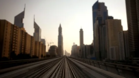 Train Railroad Track Moving Fast Commuting in Urban Cityscape Buildings Stock Footage 103597796